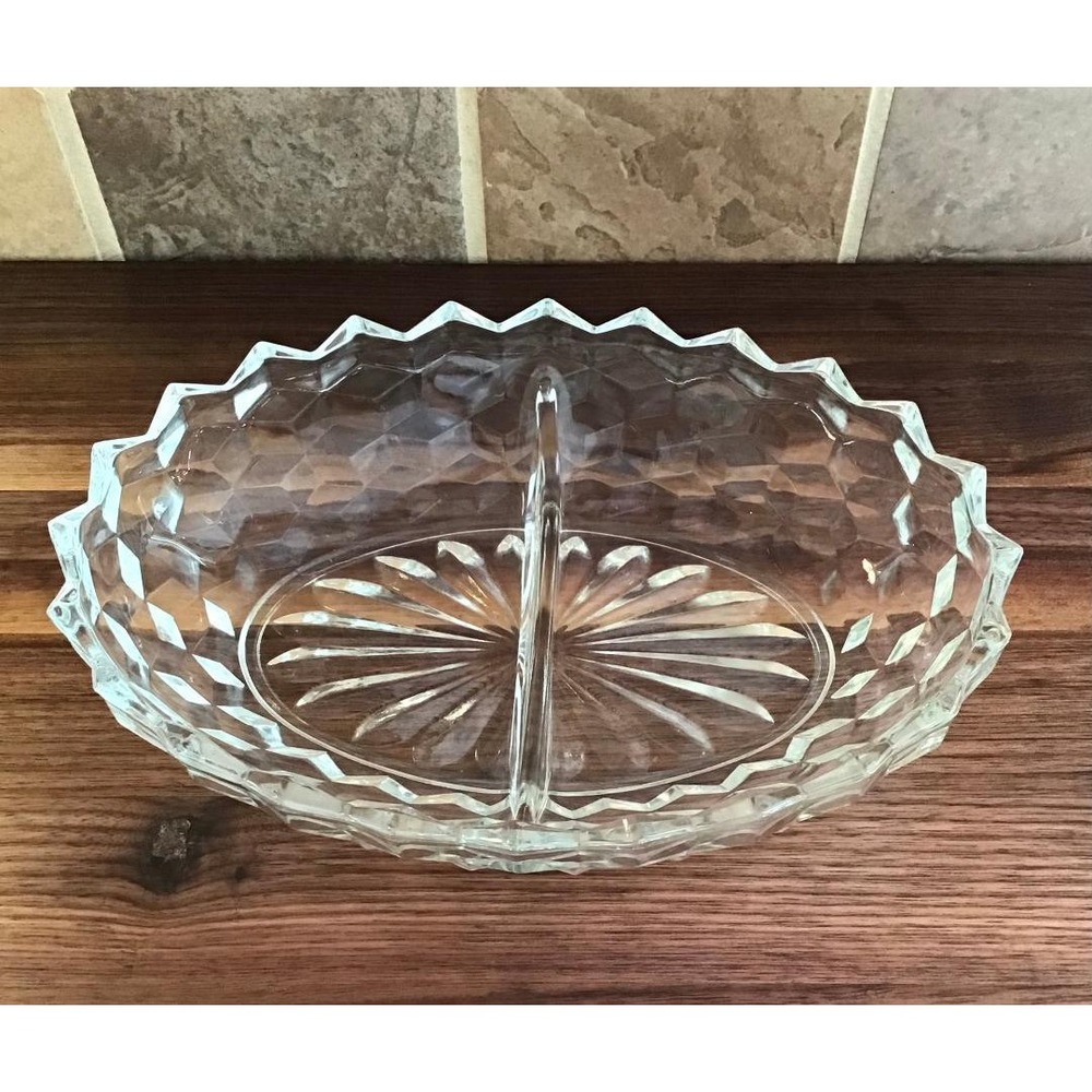Vintage Clear Pressed Glass Divided Relish Dish Diamond Point Sawtooth Rim 9.5"